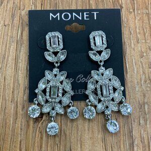 Monet Silver Tone Rhinestone Chandelier Earrings
